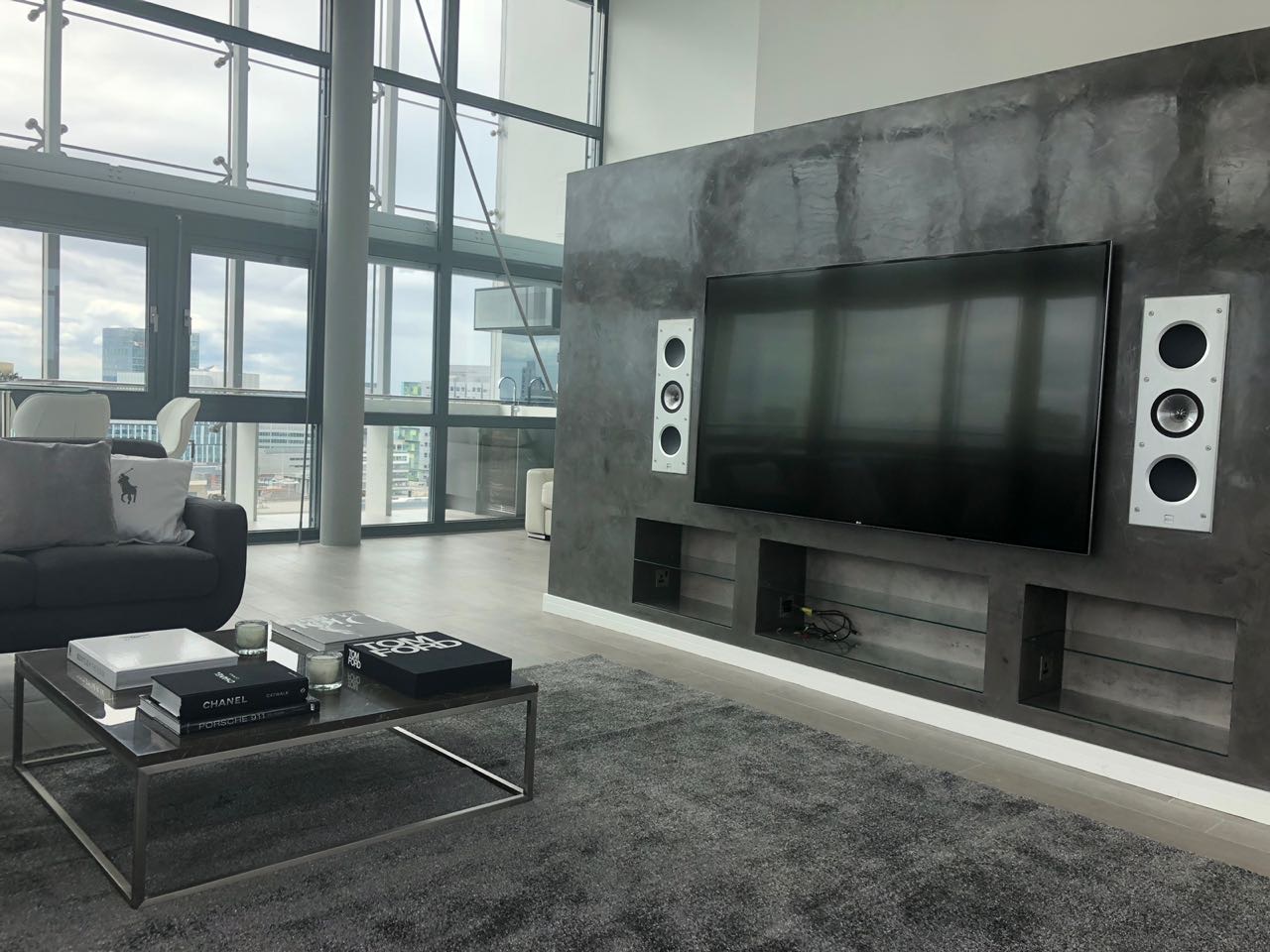 Interior workspace with panoramic city glazing