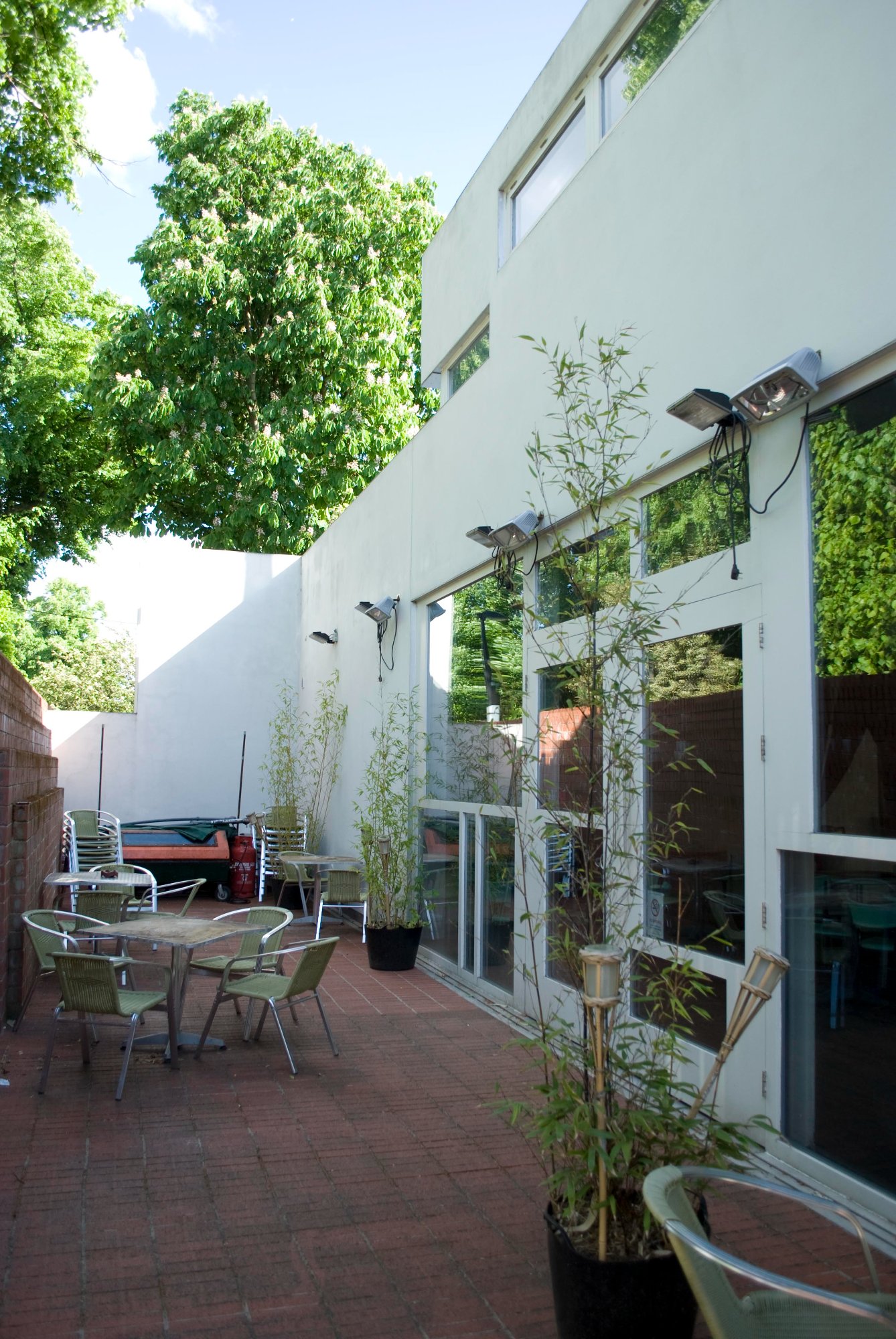 Courtyard dining area — white render walls, glazing, mature tree
